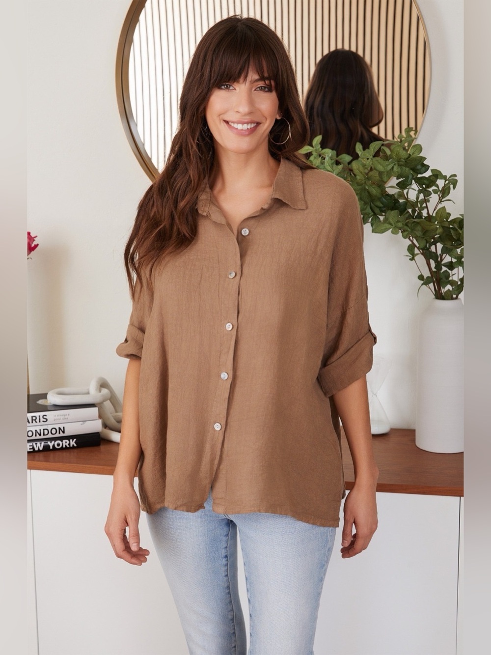 (113009-CAM) BUTTON DOWN ROLL TAB SLEEVE LINEN TOP